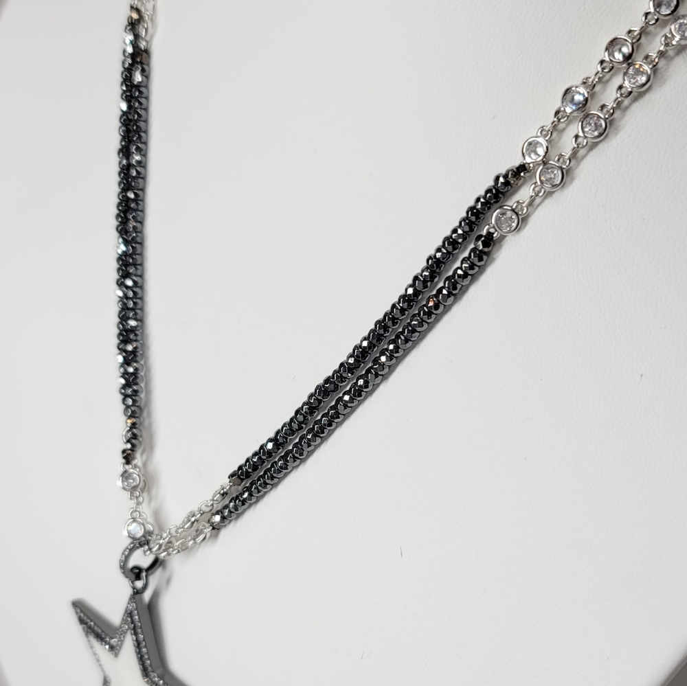 White Enamel Star Pave CZ long Hematite Necklace - Picture 7 of 11